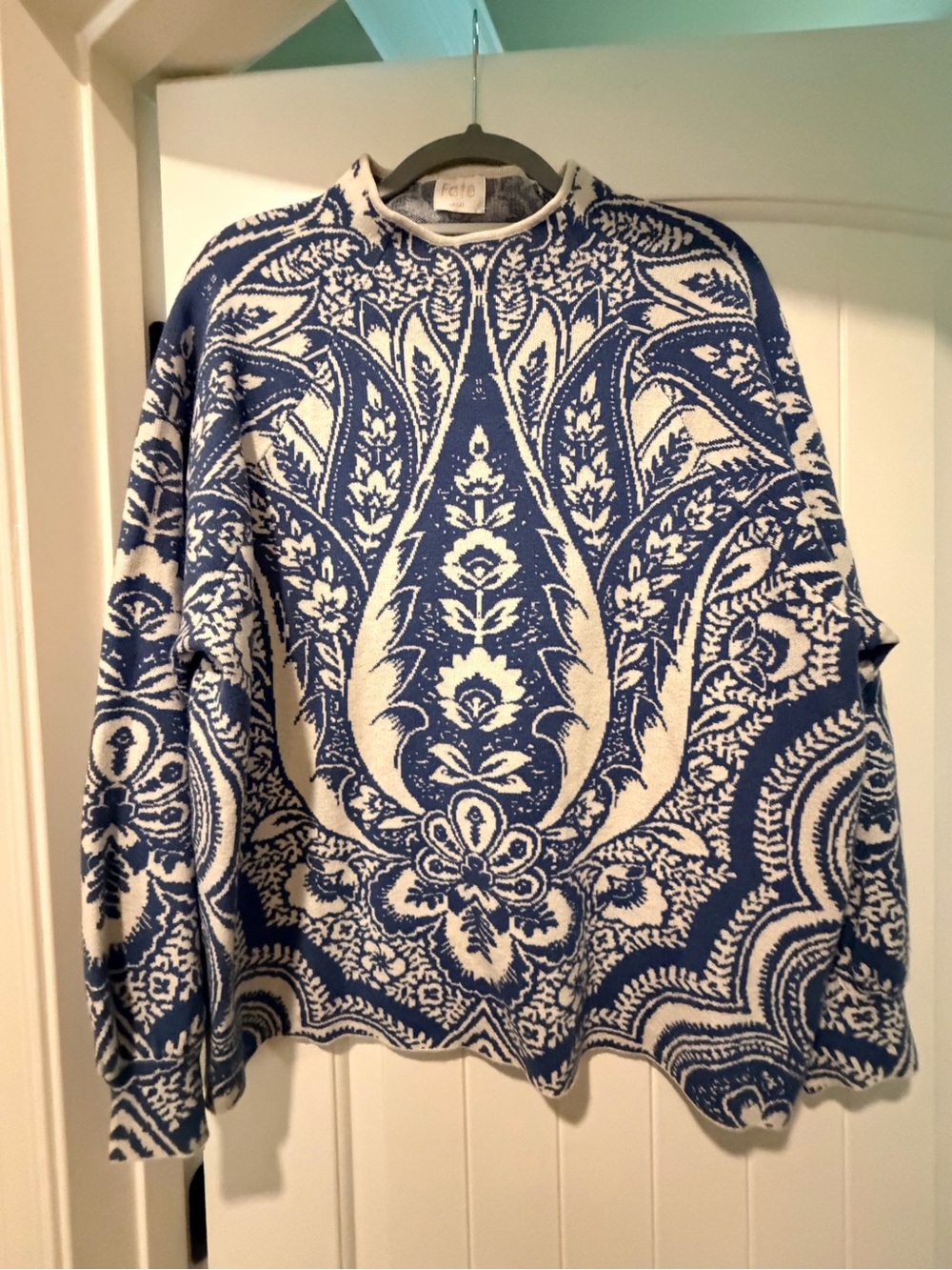 Fate Blue & White Paisley Turtleneck Sweater